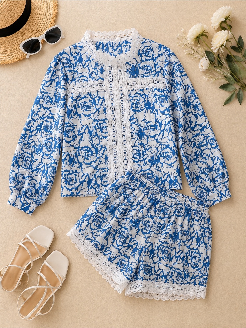 Blue & White Floral Lace-Trim Two-Piece Set